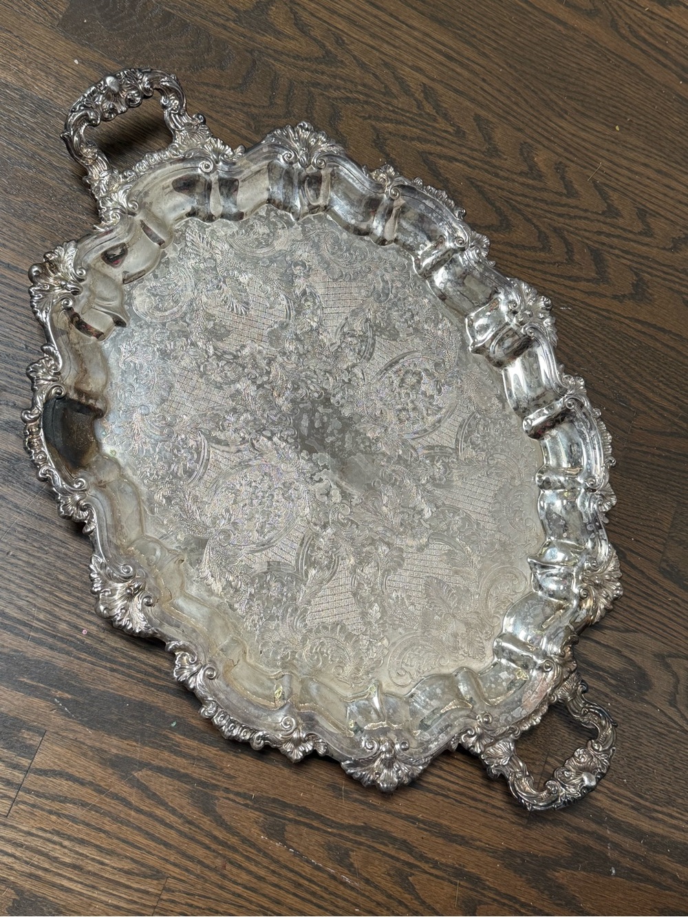 Engraved Silver-Tone Decorative Serving Tray with Handles Kent silversmith
